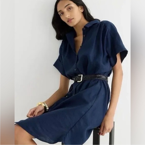 J. Crew Baird McNutt Irish linen navy relaxed fit button up shirt midi dress - Picture 3 of 14